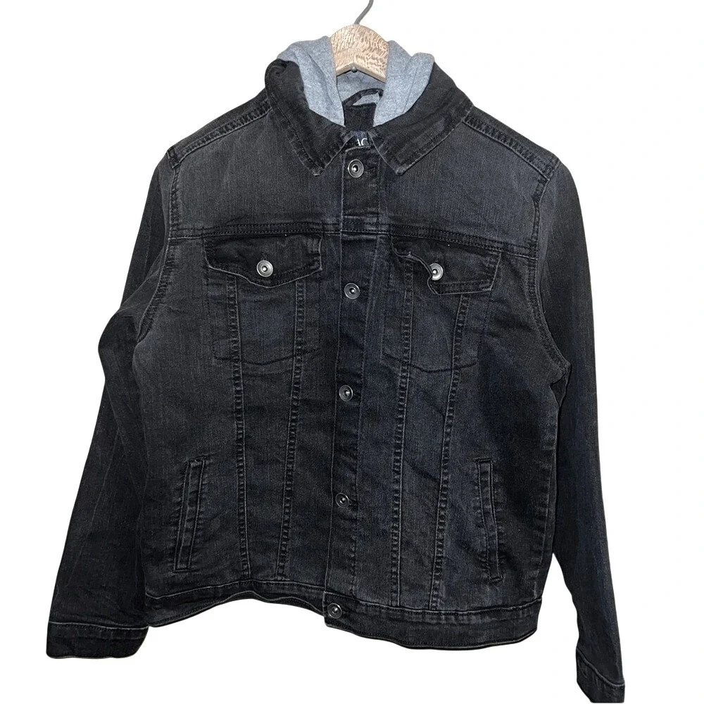 The Childrens Place Kids Boys Girls Black Denim Jean Jacket With Hoodie‎ Size 14